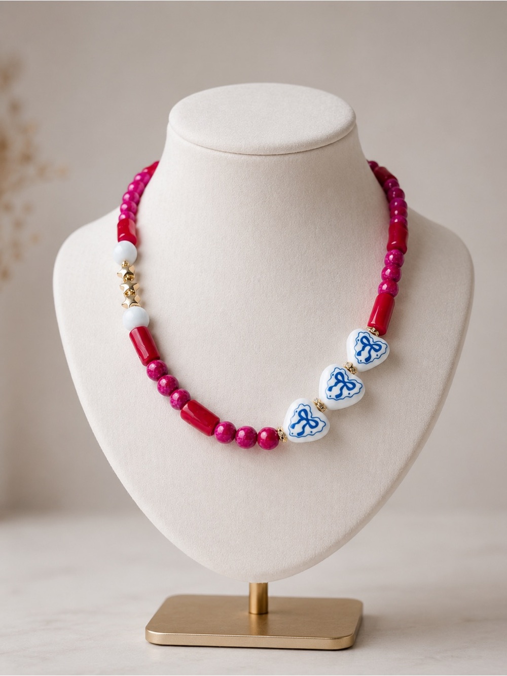 Handmade Pink & White Beaded Gemstone Necklace with Blue Accent Hearts